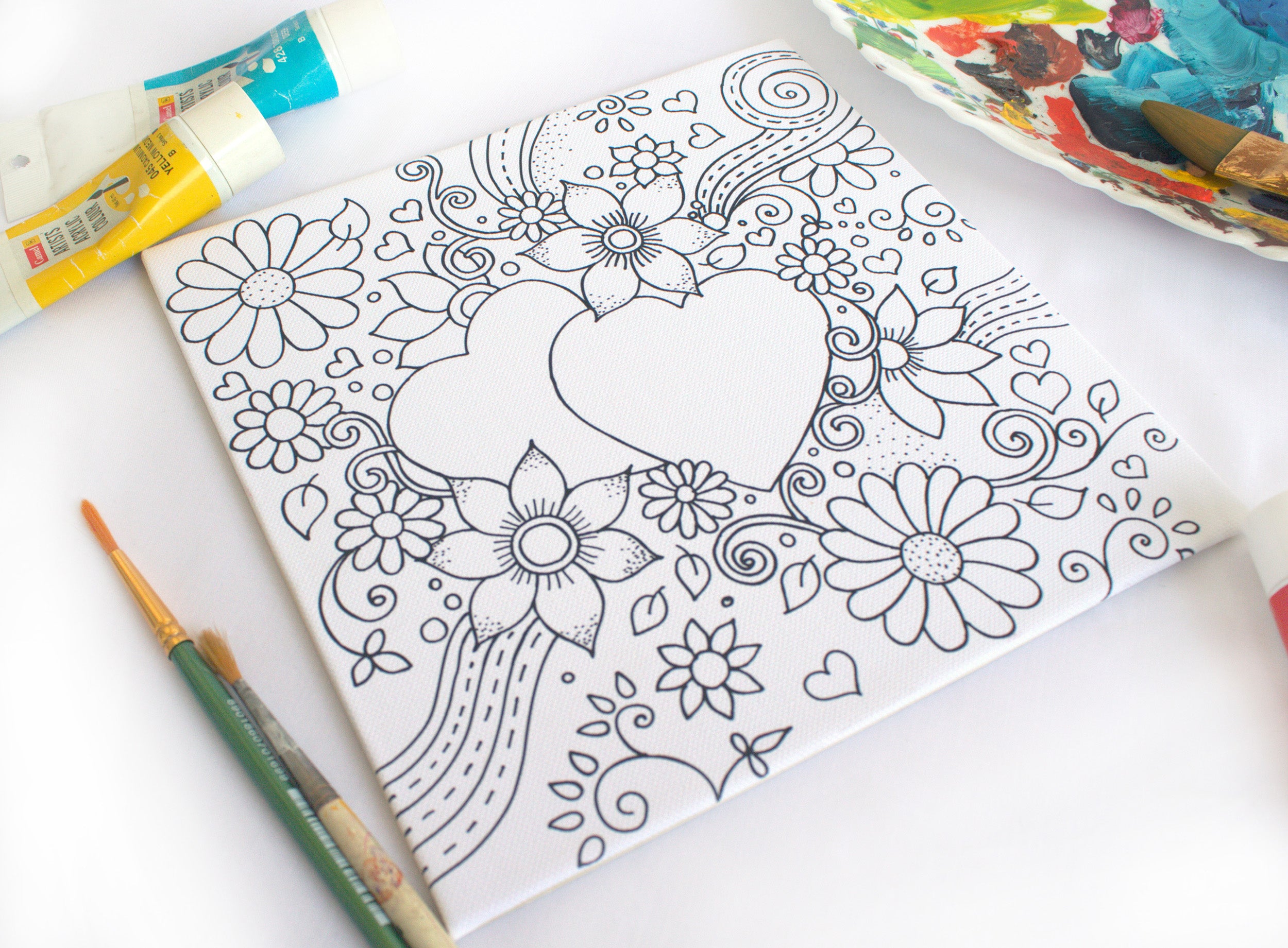 Twin Hearts Floral Coloring Canvas Board - Personalized Couple Coloring Canvas