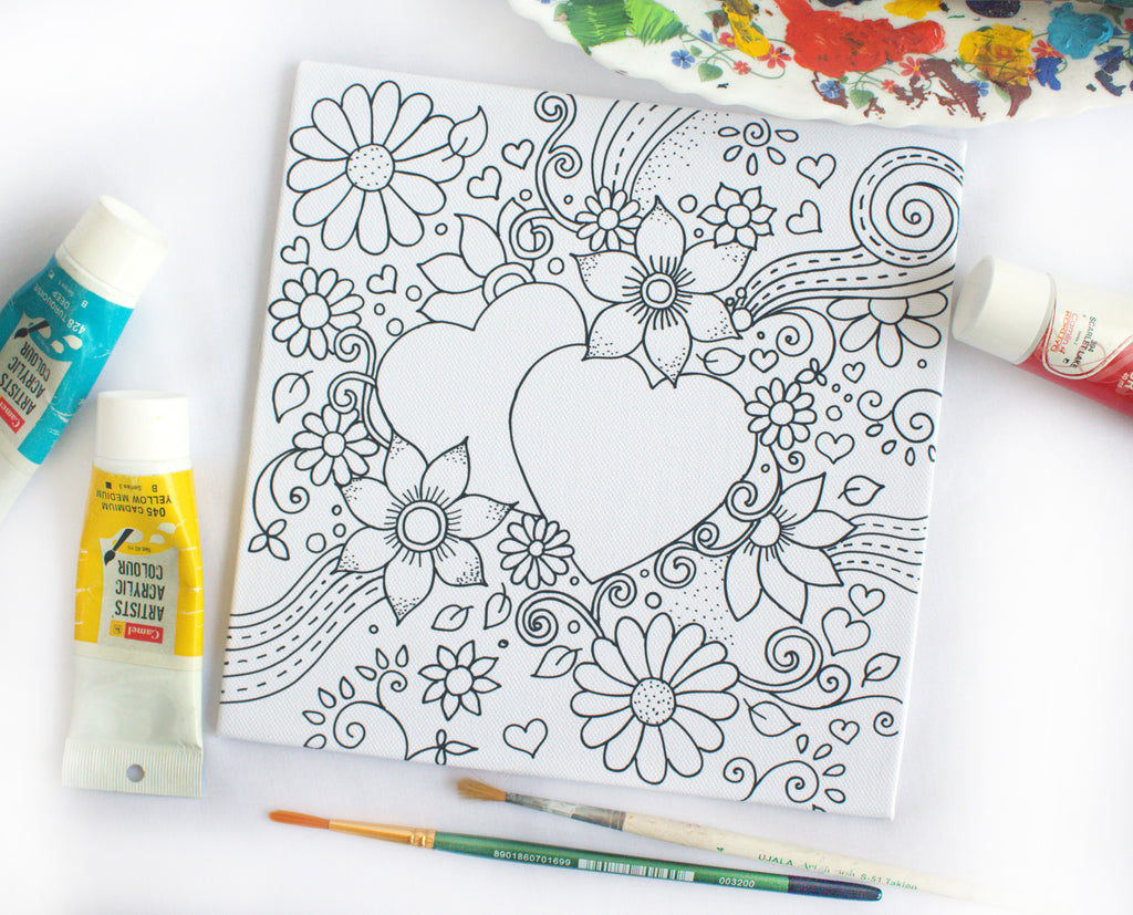 Twin Hearts Floral Coloring Canvas Board - Personalized Couple Coloring Canvas