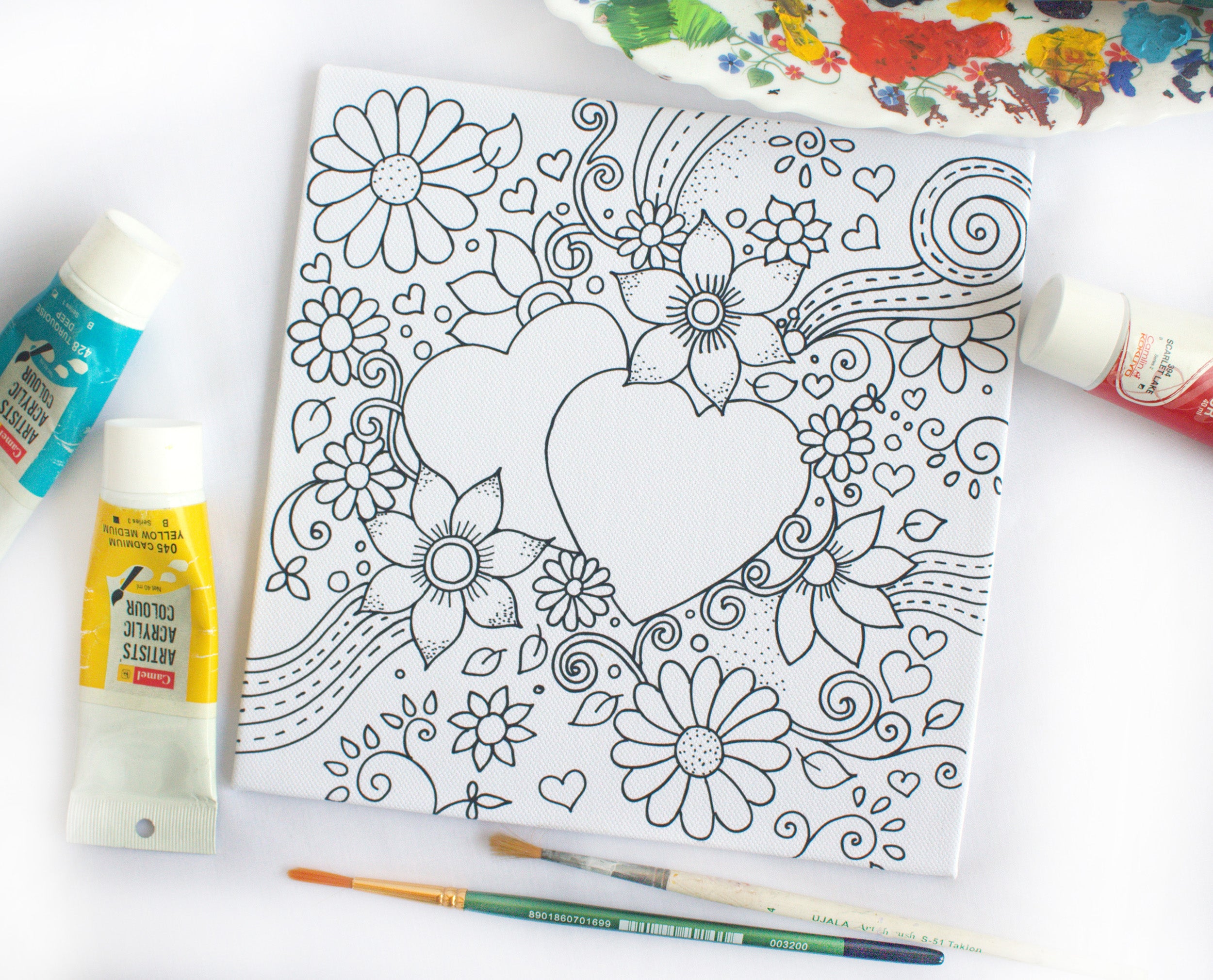 Twin Hearts Floral Coloring Canvas Board - Personalized Couple Coloring Canvas