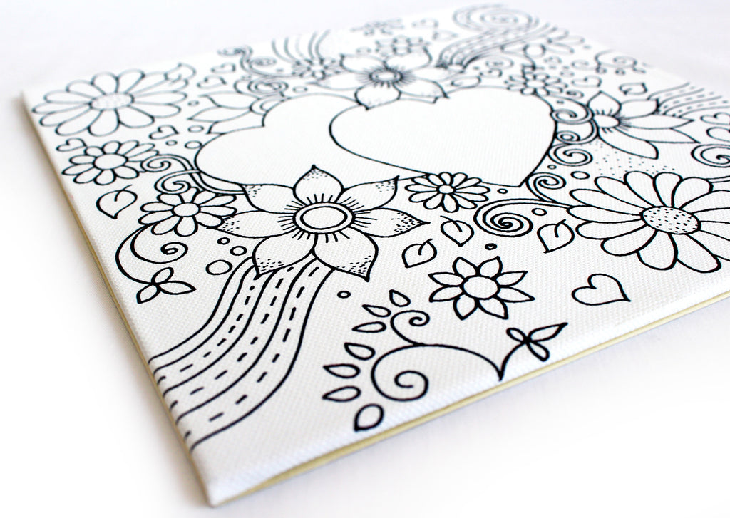 Twin Hearts Floral Coloring Canvas Board - Personalized Couple Coloring Canvas