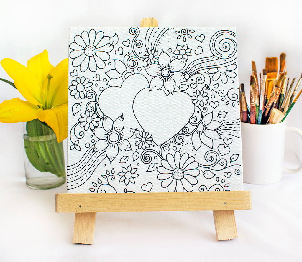 Twin Hearts Floral Coloring Canvas Board - Personalized Couple Coloring Canvas